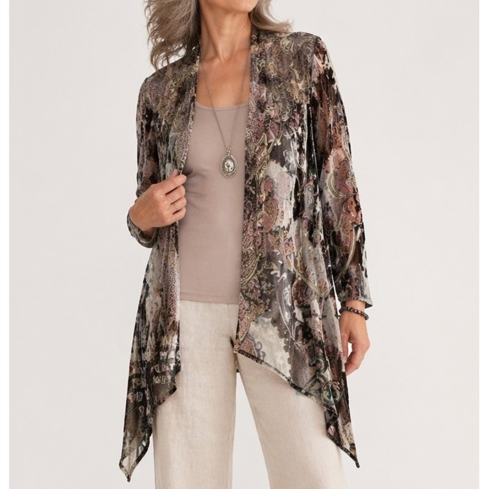 Open Front Long Cardigan Large Mixed Media Burnout Velvet Knit Bead Asymmetric